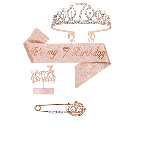 Pinenuts 7th Birthday Sash and Tiara,It's My 7th Birthday Sash and Crown Cake Topper for Girls 7th Birthday Gifts Party Decorations Supplies