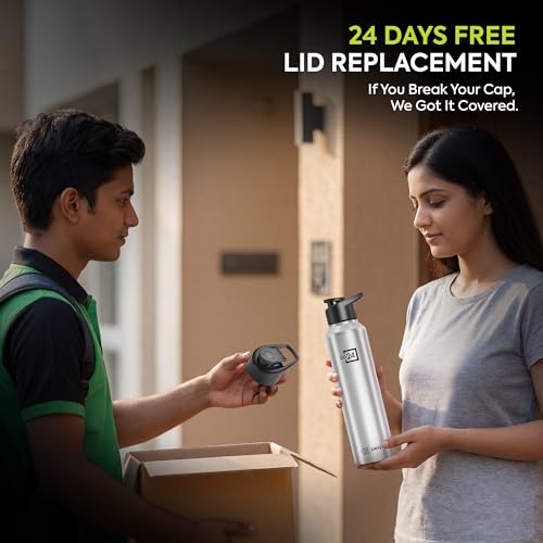 Image of Water Bottle 1 ltr Go24 Stainless Steel Sports /Fridge Bottle with Sipper Cap (Pack of 6)| Single Wall | For Home, Office, Gym, Travelling | Lightweight | Craft Pro 950ml | Silver