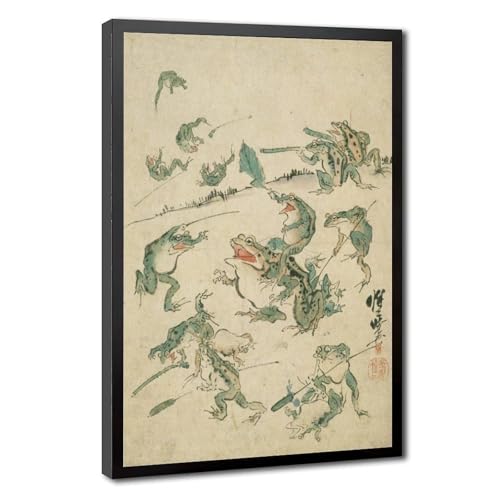 Bataille des grenouilles de Kawanabe Kyosai, impression sur toile 30x45cm avec cadre à suspendre