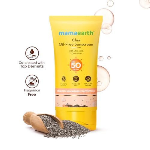 Image of Mamaearth Chia Oil-Free Sunscreen with Chia Seed & Ceramides for Hydrated Glow & Sun Protection - 50g | SPF50 PA++++ | Oil-Free Formula for Normal to Oily Skin | UVA /B Protection | Tan Protection | No White Cast | InVivo Tested | Healthy Skin Barrier