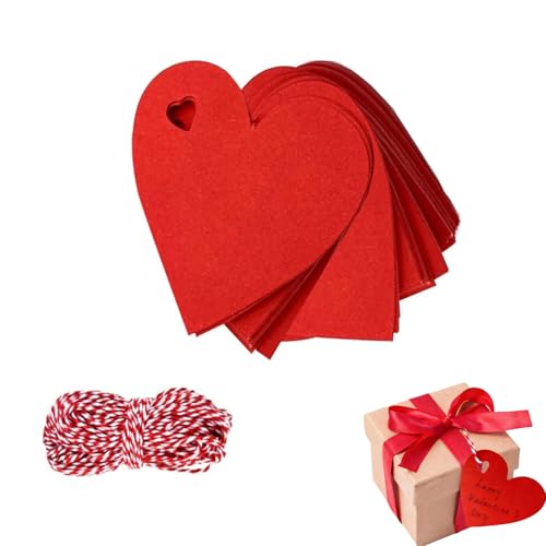 100 Piezas Etiquetas de Regalo en Forma de Corazón, Etiquetas de Regalo de San Valentín Rojas, Papel Kraft Forma de Corazón, con10m Cordel para Navidad, Boda, San Valentín, Cumpleaños Decoración