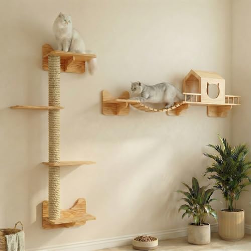 Kit d'escalade pour chat, étagères murales pour chats, avec 1 maison pour chat, 1 échelle de pont, 3 poteaux à gratter et 5 marches