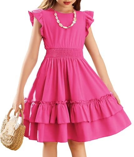 Image of Arshiner Girls Dresses Flutter Sleeve A-Line Sundress Casual Summer Tiered Swing Midi Pocket Dress