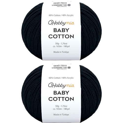 Image of Baby Cotton Blend Yarn - Soft Sport Weight Yarn for Crochet & Amigurumi - 50g /180yds - 60% Cotton 40% Acrylic - Ideal for Baby & Knitting Proj.(Black, 2 Balls)