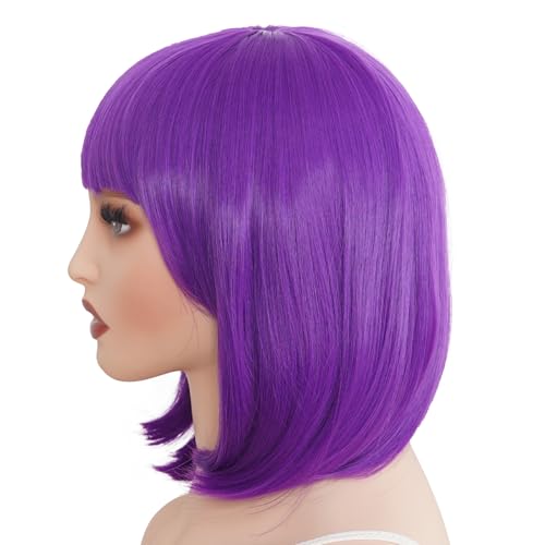 Image of Rose bud Purple Wig Bob Straight 12 Inch Short Hair Cosplay Wigs for Women Costume Party Halloween