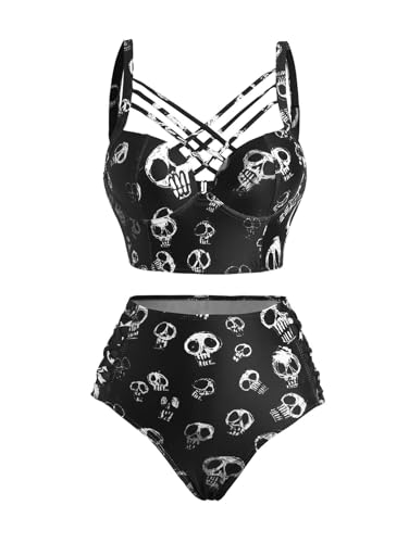 DRESSFO Gothic Skull Print Crisscross Beach Bikini Set...