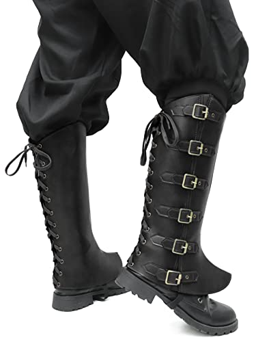 KUOIN Men's Medieval Pirate Boots Covers, Faux Leather Lace Up Leg Guards Knight Costume Accessories (Black)