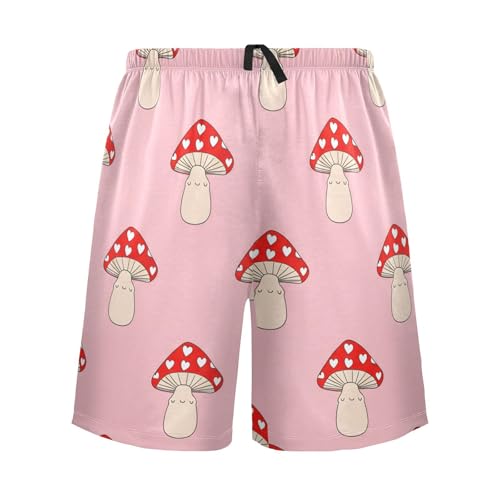 Heart Mushroom Pink Pajama Shorts for Men Lounge Pants Pj Pants Mens Sleep Shorts with Pockets, S-XXL