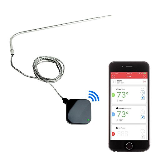 NutriChef Smart Bluetooth BBQ Grill Thermometer - Upgraded Stainless Probe Safe to Leave in Oven, Outdoor Barbecue or Meat Smoker - Wireless Remote Alert iOS Android Phone WiFi App - NutriChef