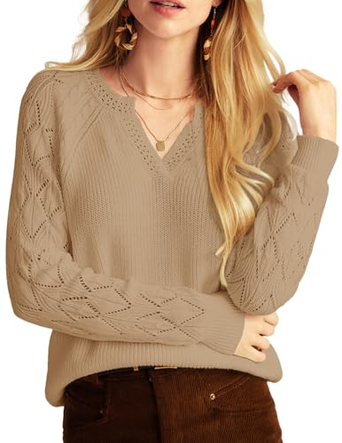 Image of GRACE KARIN V Neck Sweater for Women Crochet Pullover Sweater Tops Cable Knit Sleeve Sweaters Spring Summer Fashion 2025