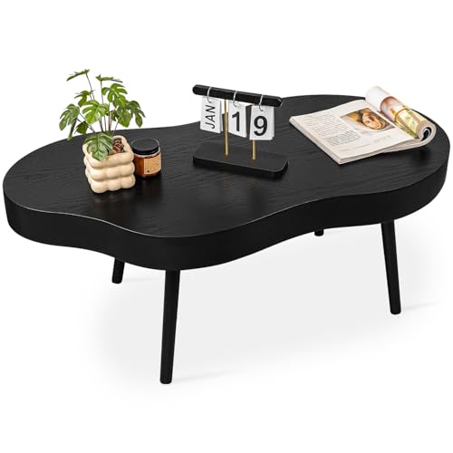 Image of Black Coffee Table Wooden Cloud Shaped Coffee Tables with Thick Top Mid-Century Modern Irregular Center Living Room Tables Cute Floor Table for Living Room Bedroom Apartment
