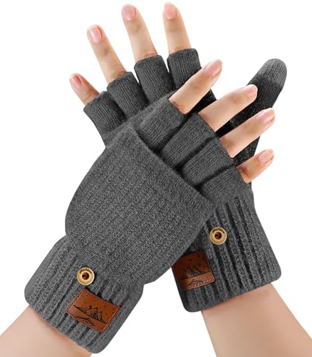 Fingerlose Handschuhe Herren und Damen - Halbfingerhandschuhe mit Kappe,Winter Flip Handschuhe mit Berührung,Fäustlinge Winterhandschuhe mit Alpakawolle für Damen Herren