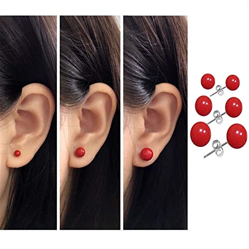 3 Pairs Pearl Red Stud Earrings for Women Round Ball Stud Earrings Set2