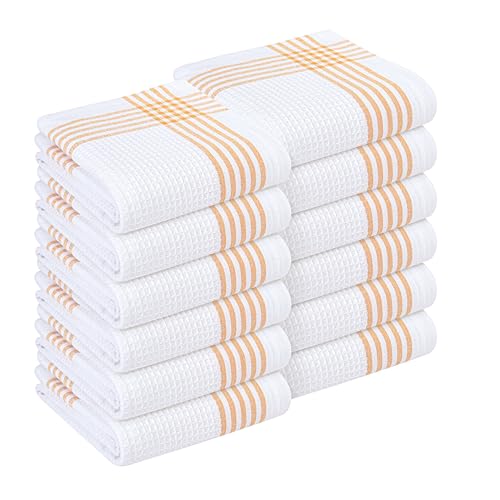 HEIRLOOM COMFORT Mustard Yellow and White Waffle Kitchen Towels 12 Pack, 100% Cotton, 16x26 Inch, Super Absorbent, Quick Dry Dish Towels, Reusable & Soft Dishcloths for Kitchen Cleaning