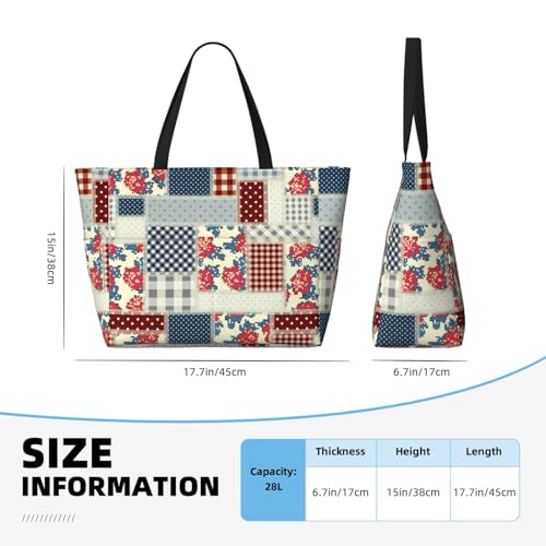 Patchwork In Country Style Print Large Beach Tote Bag for Women Extra Large Capacity Sandproof Waterproof Pool Bag Suitable for Swimming Pool Gym Groceries Travel4