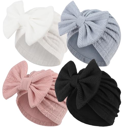Image of AQOKKA Newborn Baby Girl Hats with Bow Toddler Infant Beanie Cap Newborn Hospital Hats for Baby Girl Kid 3-12 Months