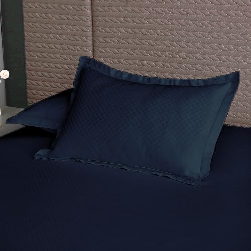 Image of Story@Home Luxe King Size Fitted Bedsheet with 2 Pillow Covers | 500 TC Egyptian Cotton Compact Yarn | 182 x 198 cm | Fits Up to 12 Inch Mattress | Checkered Jacquard | Med Blue | Gift Packaging