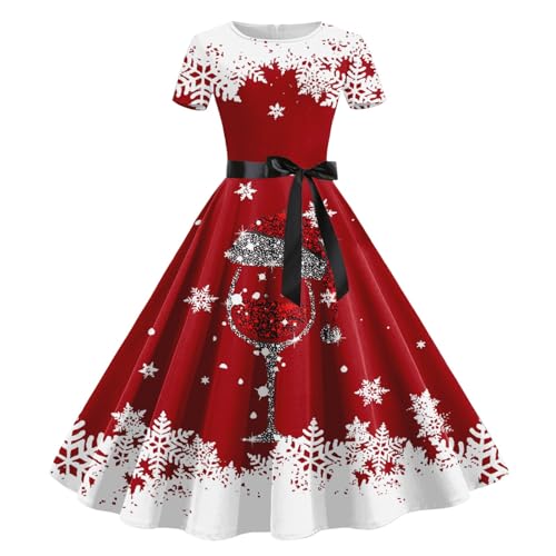 Vestidos De Navidad para Mujer, Disfraz Navideño Mujer Cintura Sujeta Navideña Temáticas Estampado Estilo Hepburn Moda Falda Manga Corta Elegante Salvaje Retro Festival Elegante Cóctel Falda Fiesta