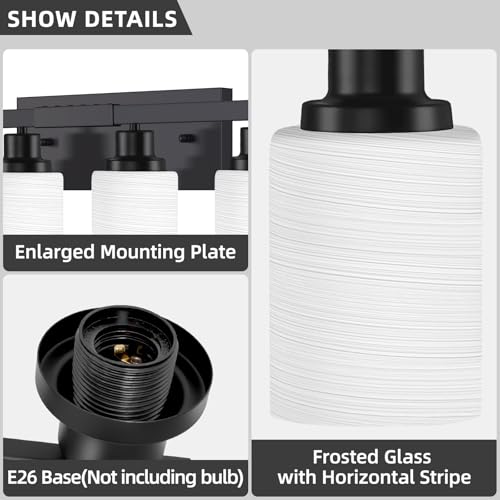 Image of 8-Light Bathroom Light Fixtures Over Mirror Black Vanity Light 52in | White Frosted Ribbed Glass Shade Modern Matte Black Vanity Lights Bathroom Wall Lamp Sconces for Mirror E26 Base