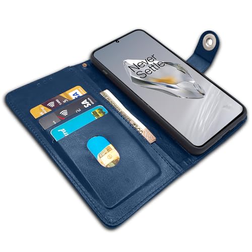 Image of Pikkme OnePlus 12 5G Flip Cover Leather Finish | Inside TPU with Card Pockets | Wallet Stand and Shock Proof | Complete Protection Button Flip Case (Blue)