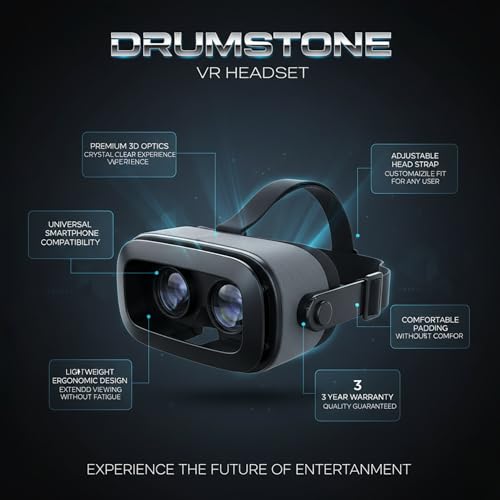 Image of Drumstone Universal Virtual Reality Headset for Smartphones - Adjustable 3D VR Glasses with Immersive HD Lenses - Mobile Gaming and Cinematic Movie Viewer for All Mobile Devices