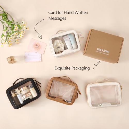 PACKISM Medium Clear Makeup Bag - PU Leather Clear Travel Bags for Toiletries Car Bag for Essentials, with Message Card Cosmetic Bags Makeup Case for Women Gift (Cream Medium)4