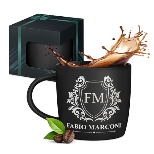 Maverton Tazza da caffè macchiato o tè in ceramica - 400 ml - Incisione personalizzata - Tazze con manico per bevande per Lui - Bicchiere da colazione per compleanno uomo - Interno nero - reale