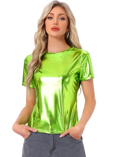 Allegra K Women's Party Metallic Textured Short Sleeve Shiny Multicolor Top Large Mustard Green