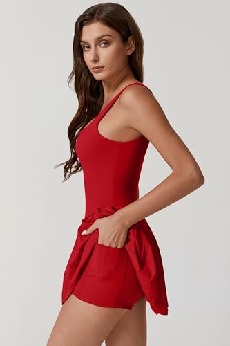 Image of QINSEN Womens Square Neck Tennis Dress Pleated Sleeveless Built in Shorts Golf Athletic Dress with Pockets