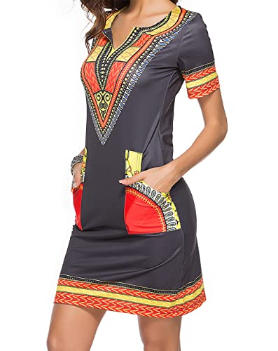 Image of African Dresses for Women Casual Vintage Attire Bohemian Dashiki Traditional Ethnic Midi Dress