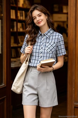 Image of SANGTREE Girls Women Plaid Shirt Short Sleeve Button Down Summer Blouses