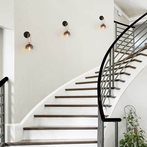 Image of KSANA Black Gold Wall Sconce, Modern Wall Mounted Lanterns Black and Electroplated Brass Sconce Lighting with Colored Globe Glass Shade for Living Room Mirror Hallway Kitchen