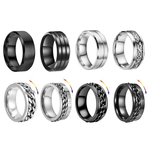 JENCVNL 8 Pcs Bague Homme en Acier Inoxydable Bague Anti Stress Argent Noir Tournante Chaîne Rock...