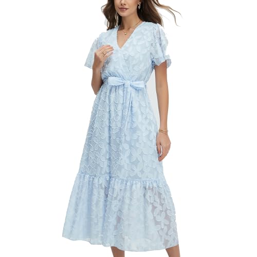Image of Women's Summer Bohemian Floral Chiffon Dress Cap Sleeve V Neck Ruffle Long Flowy Boho Casual Vacation Dresses