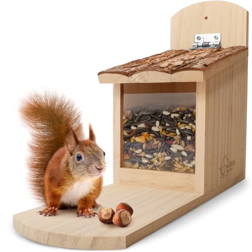 WILDLIFE HOME Eichhörnchen Futterhaus stabil aus Massivholz mit Rindendach - Wetterfest, Eichhörnchenhaus, Futterstation zum Eichhörnchen füttern, Eichhörnchenfutterhaus