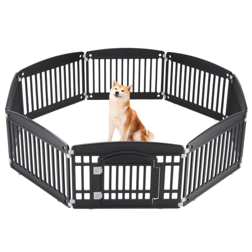 Image of Sweetcrispy Dog Playpen, Plastic Puppy Pet Fence, 8 Panels 24 Inch | Expandable Durable Plastic Build, Indoor Outdoor Portable, Secure Locking Door, Small Medium Size Dog, Black