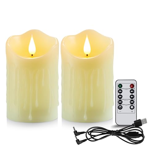 Koelaa 2 Pack Rechargeable LED Candles Flameless Candles with Realistic 3D Flickering Flame & Dripping Wax Effect with 24H Timer Remote Control for Christmas Wedding Party Home Decor-7.5x15cm