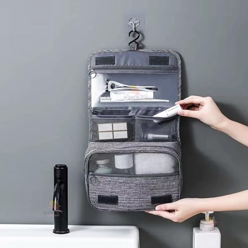 Image of Wishkey Travel Toiletry Pouch for Men & Women Waterproof Hanging Organizer Pouch for Bathroom Accessories, Makeup & Cosmetics Large Capacity Portable Toiletries Kit with Mesh Pockets - Dark Gray