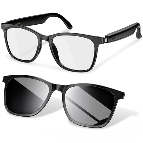 Smart glasses with clear lenses and detachable dark lenses, showcasing a modern design for tech-savvy adults in 2025.
