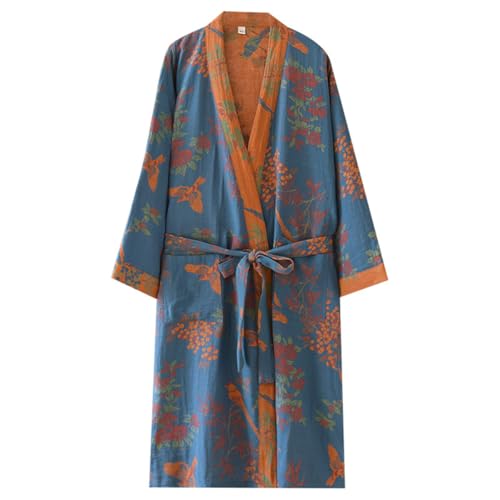 Cotton Double Gauze Traditional Hanfu Midi-length Nightdress Printing Tie-belt Bathrobe Loose Pajamas Comfortable Nightgown Sweat Steaming Yukata Sauna Suit Sleepwear Kimono for Women Large(Blue Bird)
