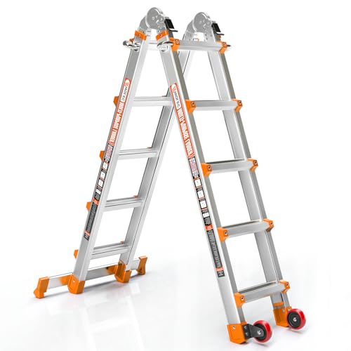 Wolec Telescoping A-Frame Ladder- 17FT Folding Extension Ladder with Wheels & Stabilizer Bar, 330lb Security Load Multi Position Ladders for Stairs Home Indoor Outdoor Roof