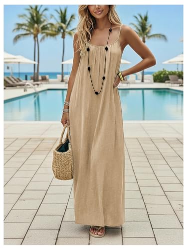 Image of SHENHE Women's Open Back Spaghetti Strap Beach Maxi Dress Loose Flowy Vacation Sundress