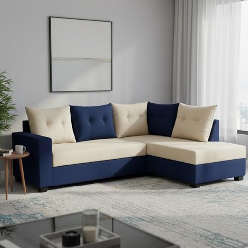 Image of SOCOZI Oriana 4 Seater RHS L Shape Sofa Set | Soft Velvet Suede Fabric | Modern Design | Plush Comfort Cushions for Living Room (Dark Blue-Cream)
