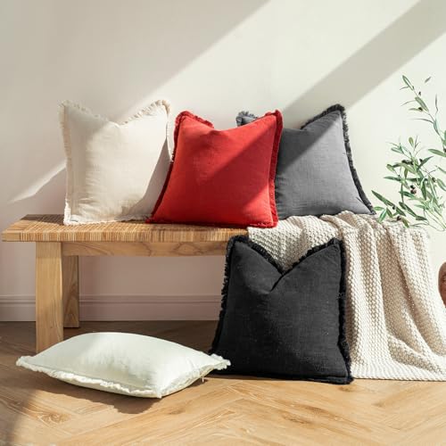 Image of MIULEE Decorative Throw Pillow Covers Neutral Linen Fringe Throw Pillows Set of 2 Red Boho Farmhouse Cushion Covers with Tassels for Couch Sofa Bed Living Room Spring Home Decor 18x18 Inch