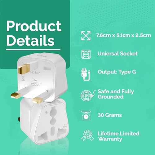 Image of rts (2 Pack) India to England London UK Travel Plug Adapter Converter Type G Compatible with UK, UAE, Dubai, Scotland British Qatar Irish & Hong Kong - Ideal for Laptops, Mobiles, Tablets, Chargers