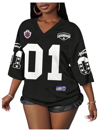 Image of RoseSeek Women's Jersey Shirts Number Graphic V Neck Football T Shirts Tops | 3 /4 Sleeve Length, Oversized, Mesh, Workout, Jersey Tops, Summer, Soccer, Baseball, Streetwear