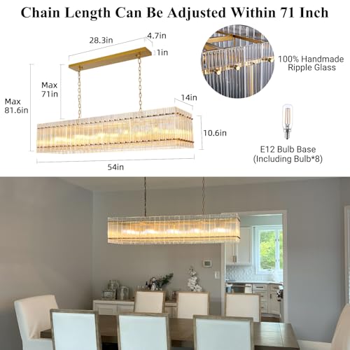 Image of Modern Gold Chandeliers,55 in Chandelier for Dining Room, Rectangular Water Ripple Crystal Glass Chandeliers Lighting Fixture, Suit Living Room、Kitchen Island, Adjustable Hanging Chandelier