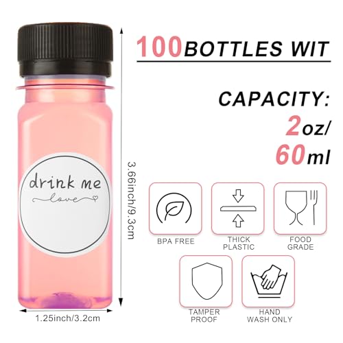 100 Pcs 2oz Clear Plastic Juice Bottles Containers with Lid for Liquids Small Reusable Ginger Shots Bottle Vial Beverage Container Leak Proof Mini Jars for Milk, Water, Ginger, Juice (Black)2