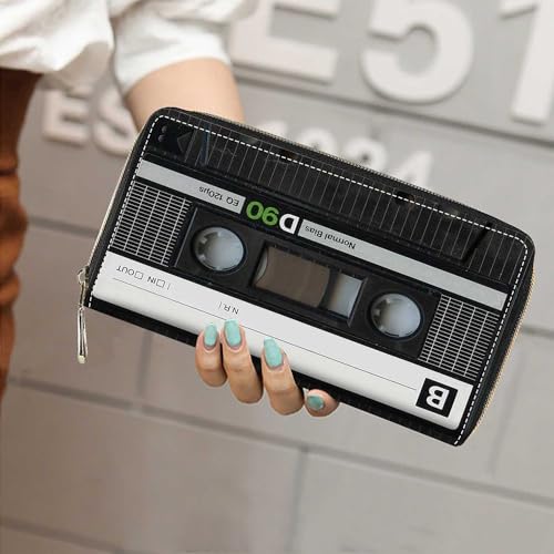 Vintage Music Cassette Wallet for Women with Credit Card Holder Coin Money Clip PU Leather Zip Around Clutch Wallet4