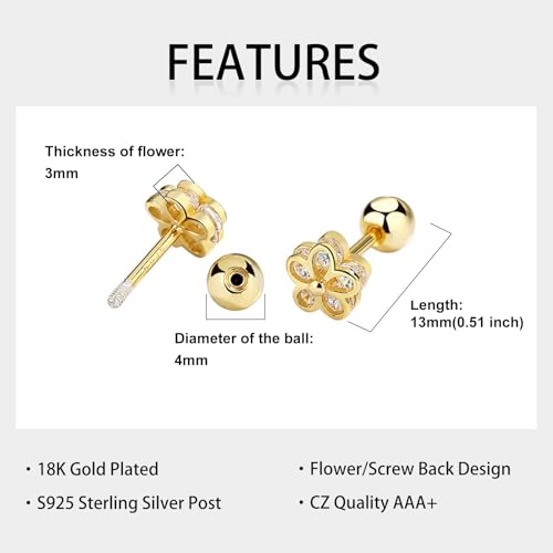 18K Gold Plated Sterling Silver Cubic Zirconia Screw Back Small Trendy Dainty Cute Flower Stud Earrings for Women with Jewelry Rose Box3